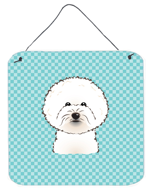 Checkerboard Blue Bichon Frise Aluminum Metal Wall Or Door Hanging Prints, 6 x 6 In.