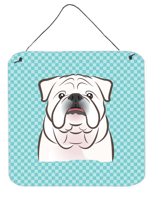 Checkerboard Blue White English Bulldog Aluminum Metal Wall Or Door Hanging Prints, 6 x 6 In.