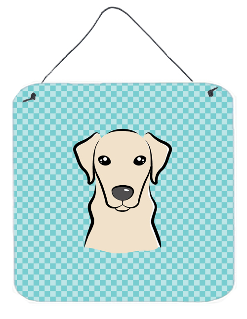 Checkerboard Blue Yellow Labrador Aluminum Metal Wall Or Door Hanging Prints, 6 x 6 In.
