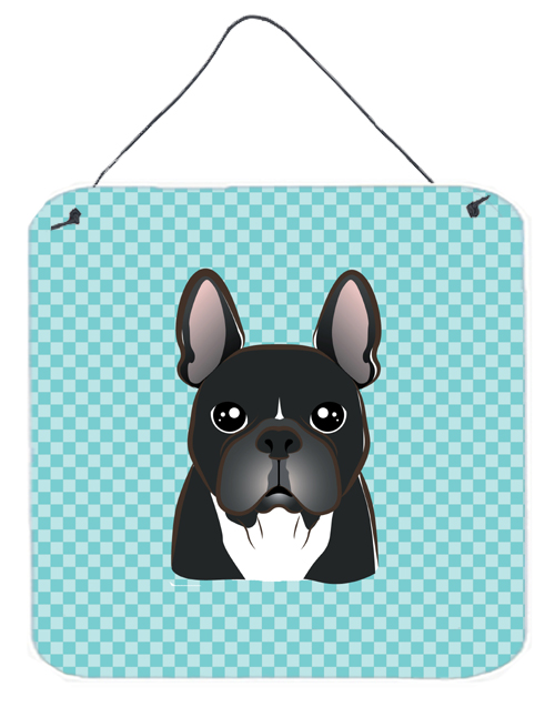 Checkerboard Blue French Bulldog Aluminum Metal Wall Or Door Hanging Prints, 6 x 6 In.