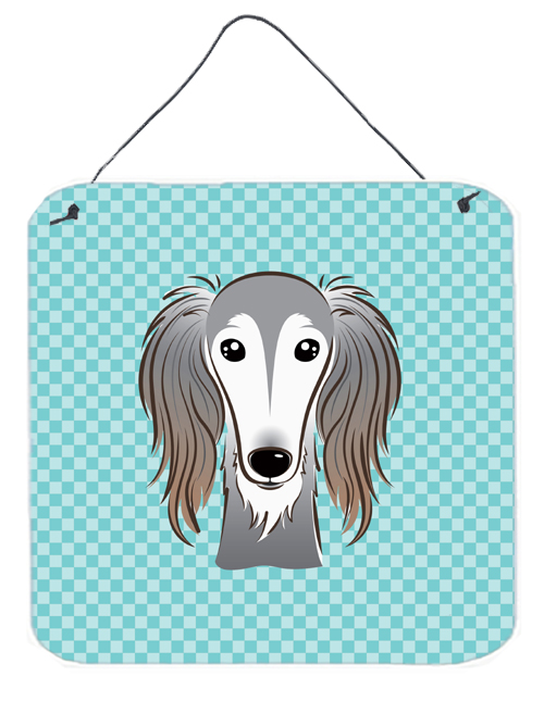 Checkerboard Blue Saluki Aluminum Metal Wall Or Door Hanging Prints, 6 x 6 In.