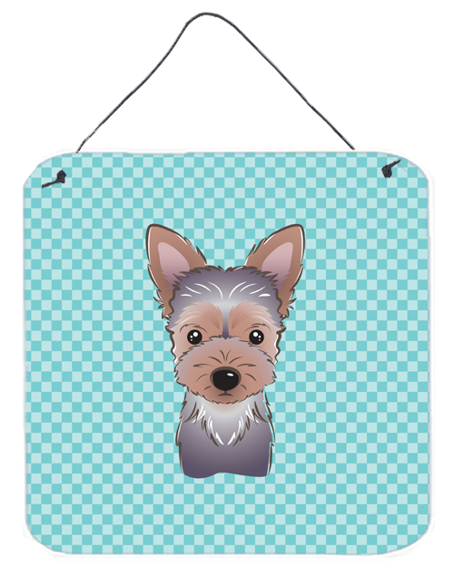 Checkerboard Blue Yorkie Puppy Aluminum Metal Wall Or Door Hanging Prints, 6 x 6 In.
