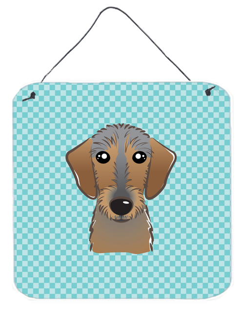 Checkerboard Blue Wirehaired Dachshund Aluminum Metal Wall Or Door Hanging Prints, 6 x 6 In.