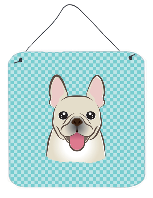 Checkerboard Blue French Bulldog Aluminum Metal Wall Or Door Hanging Prints, 6 x 6 In.