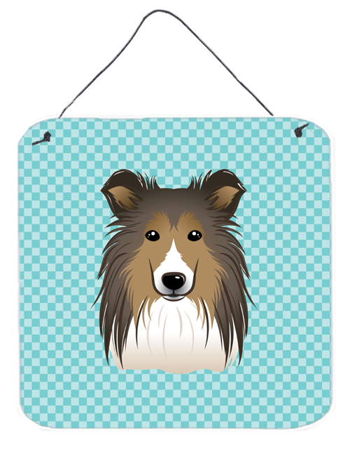 Checkerboard Blue Sheltie Aluminum Metal Wall Or Door Hanging Prints, 6 x 6 In.