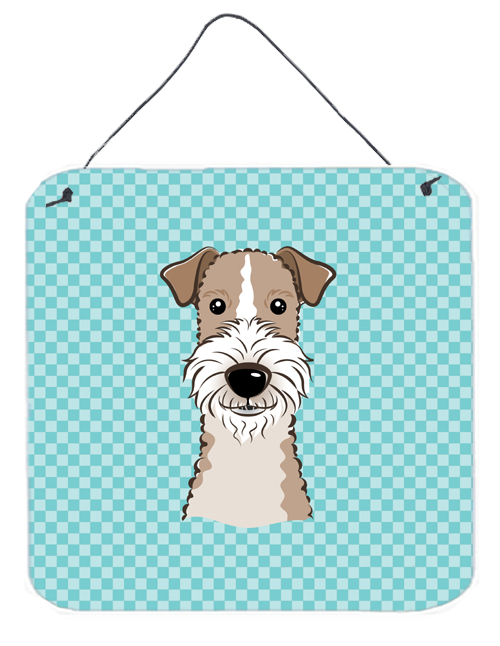 Checkerboard Blue Wire Haired Fox Terrier Aluminum Metal Wall Or Door Hanging Prints, 6 x 6 In.