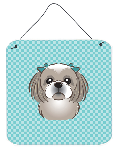 Checkerboard Blue Gray Silver Shih Tzu Aluminum Metal Wall Or Door Hanging Prints, 6 x 6 In.