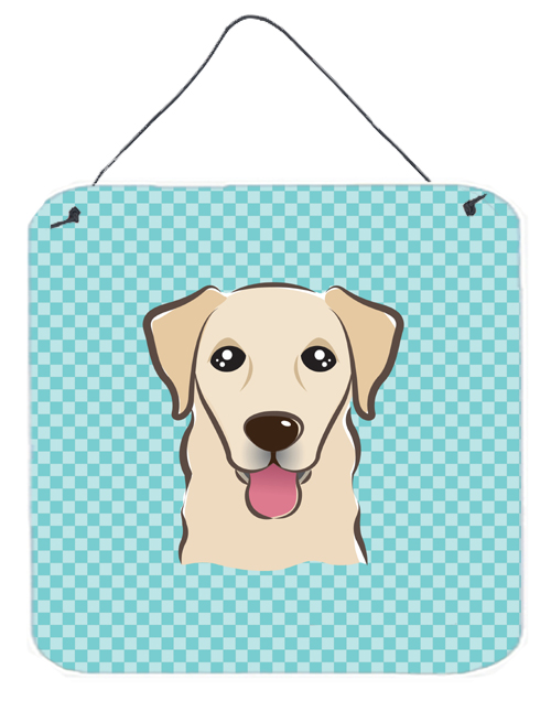 Checkerboard Blue Golden Retriever Aluminum Metal Wall Or Door Hanging Prints, 6 x 6 In.