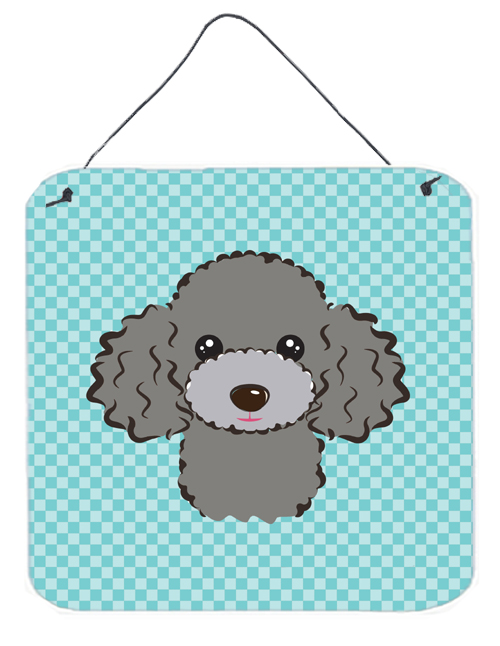 Checkerboard Blue Silver Gray Poodle Aluminum Metal Wall Or Door Hanging Prints, 6 x 6 In.
