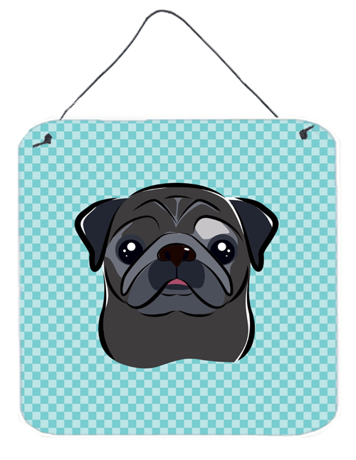 Checkerboard Blue Black Pug Aluminum Metal Wall Or Door Hanging Prints, 6 x 6 In.