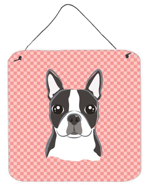 Checkerboard Pink Boston Terrier Aluminum Metal Wall Or Door Hanging Prints- 6 x 6 In.
