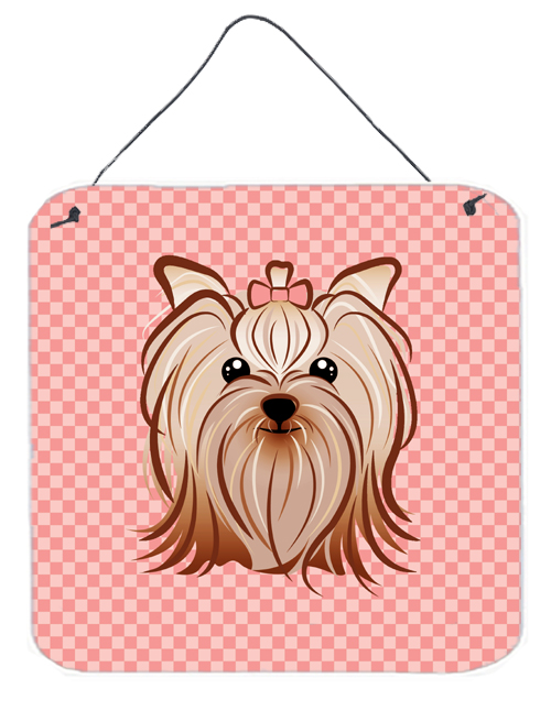 Checkerboard Pink Yorkie Yorkishire Terrier Aluminum Metal Wall Or Door Hanging Prints, 6 x 6 In.