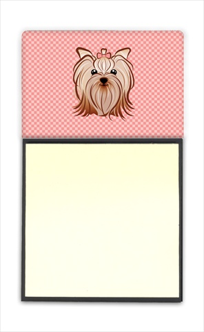 Picture of Carolines Treasures BB1204SN Checkerboard Pink Yorkie Yorkishire Terrier Refiillable Sticky Note Holder Or Postit Note Dispenser- 3 x 3 In.