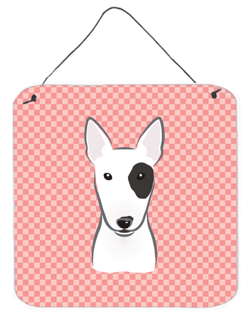 Checkerboard Pink Bull Terrier Aluminum Metal Wall Or Door Hanging Prints, 6 x 6 In.