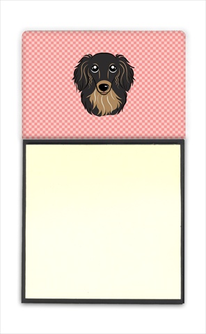 Picture of Carolines Treasures BB1213SN Checkerboard Pink Longhair Black And Tan Dachshund Refiillable Sticky Note Holder Or Postit Note Dispenser- 3 x 3 In.