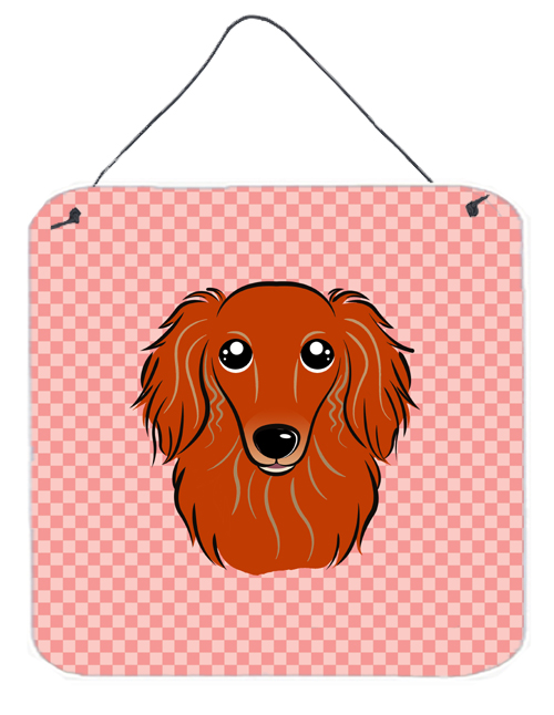Checkerboard Pink Longhair Red Dachshund Aluminum Metal Wall Or Door Hanging Prints, 6 x 6 In.