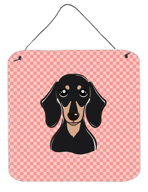 Checkerboard Pink Smooth Black And Tan Dachshund Aluminum Metal Wall Or Door Hanging Prints, 6 x 6 In.