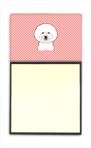 Checkerboard Pink Bichon Frise Refiillable Sticky Note Holder Or Postit Note Dispenser, 3 x 3 In.