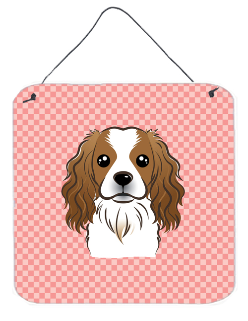 Checkerboard Pink Cavalier Spaniel Aluminum Metal Wall Or Door Hanging Prints, 6 x 6 In.