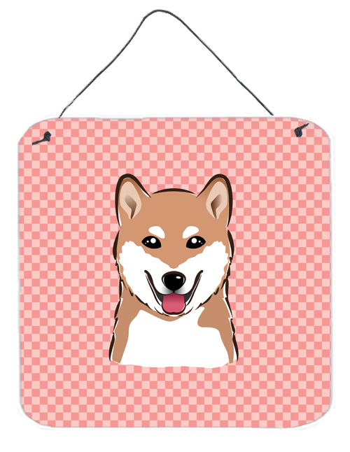 Checkerboard Pink Shiba Inu Aluminum Metal Wall Or Door Hanging Prints, 6 x 6 In.