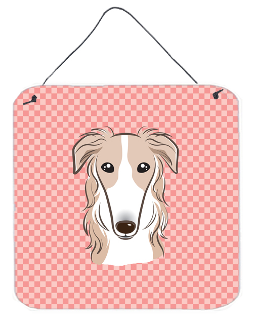 Checkerboard Pink Borzoi Aluminum Metal Wall Or Door Hanging Prints, 6 x 6 In.