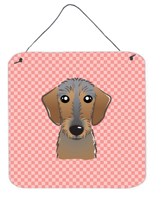Checkerboard Pink Wirehaired Dachshund Aluminum Metal Wall Or Door Hanging Prints, 6 x 6 In.