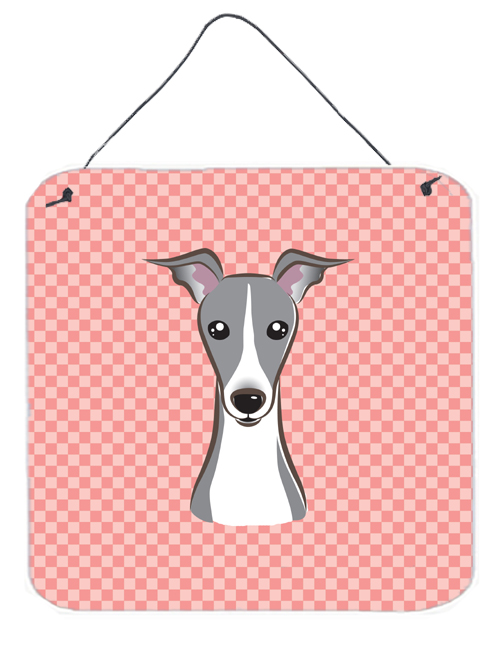 Checkerboard Pink Italian Greyhound Aluminum Metal Wall Or Door Hanging Prints, 6 x 6 In.