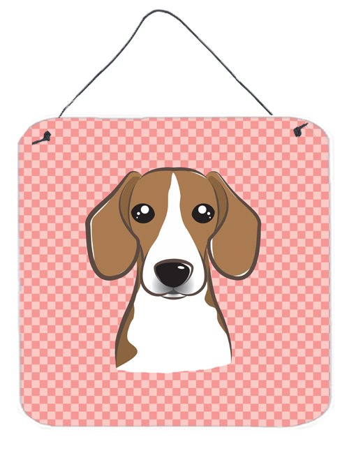 Checkerboard Pink Beagle Aluminum Metal Wall Or Door Hanging Prints, 6 x 6 In.