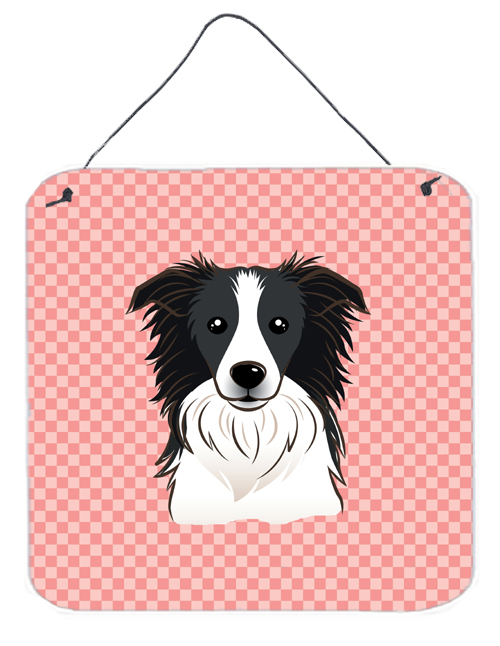 BB1241DS66 Checkerboard Pink Border Collie Aluminum Metal Wall Or Door Hanging Prints- 6 x 6 In.