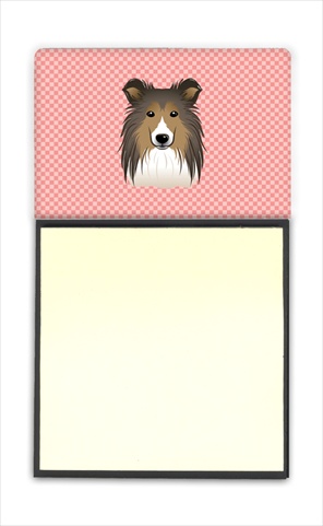Picture of Carolines Treasures BB1242SN Checkerboard Pink Sheltie Refiillable Sticky Note Holder Or Postit Note Dispenser- 3 x 3 In.