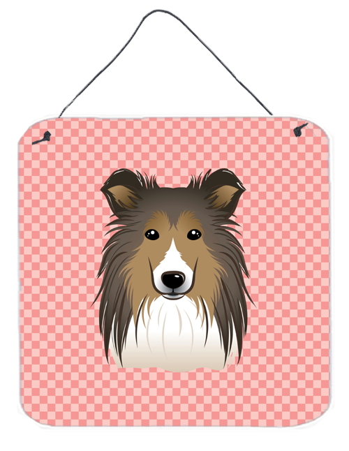 Checkerboard Pink Sheltie Aluminum Metal Wall Or Door Hanging Prints, 6 x 6 In.