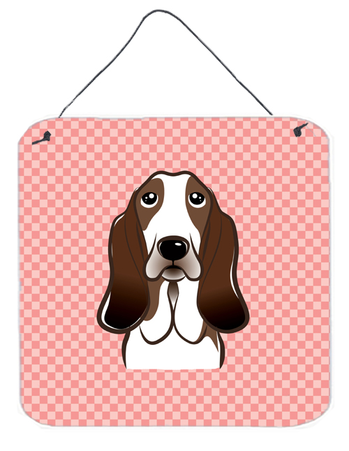 BB1243DS66 Checkerboard Pink Basset Hound Aluminum Metal Wall Or Door Hanging Prints- 6 x 6 In.