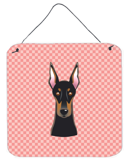 Checkerboard Pink Doberman Aluminum Metal Wall Or Door Hanging Prints, 6 x 6 In.
