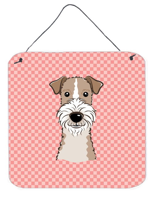 Checkerboard Pink Wire Haired Fox Terrier Aluminum Metal Wall Or Door Hanging Prints, 6 x 6 In.