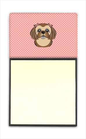 Checkerboard Pink Chocolate Brown Shih Tzu Refiillable Sticky Note Holder Or Postit Note Dispenser, 3 x 3 In.