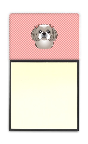 Checkerboard Pink Gray Silver Shih Tzu Refiillable Sticky Note Holder Or Postit Note Dispenser, 3 x 3 In.