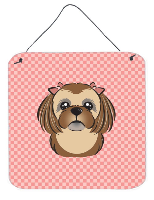 BB1249DS66 Checkerboard Pink Chocolate Brown Shih Tzu Aluminum Metal Wall Or Door Hanging Prints- 6 x 6 In.