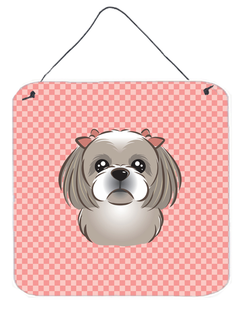 Checkerboard Pink Gray Silver Shih Tzu Aluminum Metal Wall Or Door Hanging Prints, 6 x 6 In.