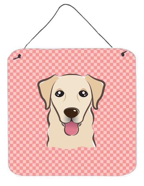 Checkerboard Pink Golden Retriever Aluminum Metal Wall Or Door Hanging Prints, 6 x 6 In.
