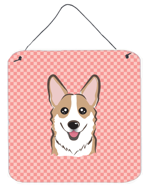 Checkerboard Pink Corgi Aluminum Metal Wall Or Door Hanging Prints, 6 x 6 In.