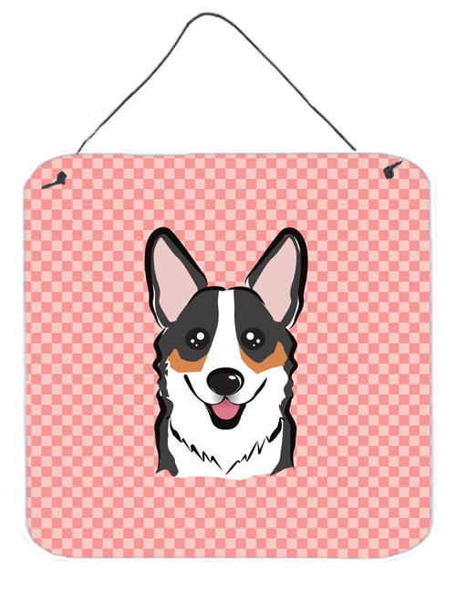 Checkerboard Pink Corgi Aluminum Metal Wall Or Door Hanging Prints, 6 x 6 In.