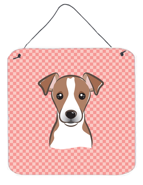 Checkerboard Pink Jack Russell Terrier Aluminum Metal Wall Or Door Hanging Prints, 6 x 6 In.