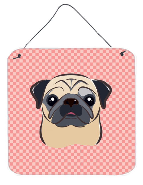 Checkerboard Pink Fawn Pug Aluminum Metal Wall Or Door Hanging Prints, 6 x 6 In.