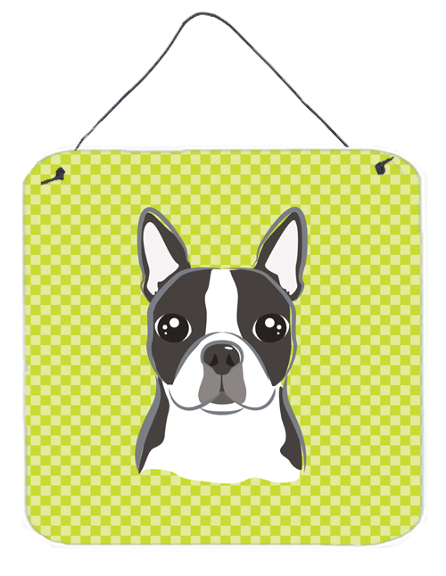 Checkerboard Lime Green Boston Terrier Aluminum Metal Wall Or Door Hanging Prints, 6 x 6 In.