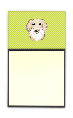 Checkerboard Lime Green Longhair Creme Dachshund Refiillable Sticky Note Holder Or Postit Note Dispenser, 3 x 3 In.