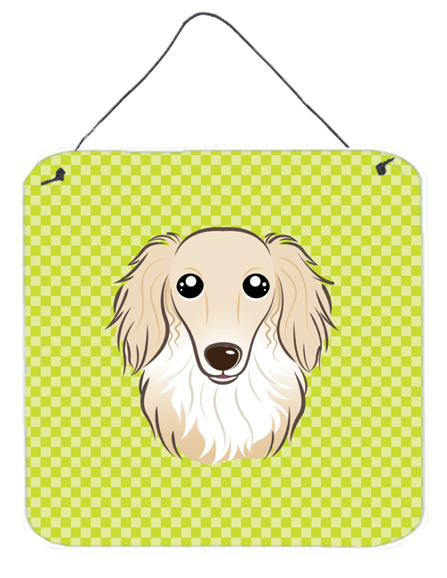 Checkerboard Lime Green Longhair Creme Dachshund Aluminum Metal Wall Or Door Hanging Prints, 6 x 6 In.