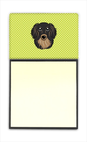 Picture of Carolines Treasures BB1275SN Checkerboard Lime Green Longhair Black And Tan Dachshund Sticky Note Holder- 3 x 3 In.
