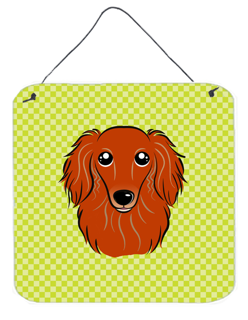 Checkerboard Lime Green Longhair Red Dachshund Aluminum Metal Wall Or Door Hanging Prints, 6 x 6 In.