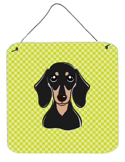 BB1277DS66 Checkerboard Lime Green Smooth Black And Tan Dachshund Aluminum Metal Wall Or Door Hanging Prints- 6 x 6 In.
