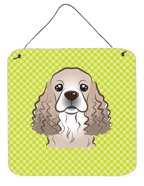 Checkerboard Lime Green Cocker Spaniel Aluminum Metal Wall Or Door Hanging Prints, 6 x 6 In.